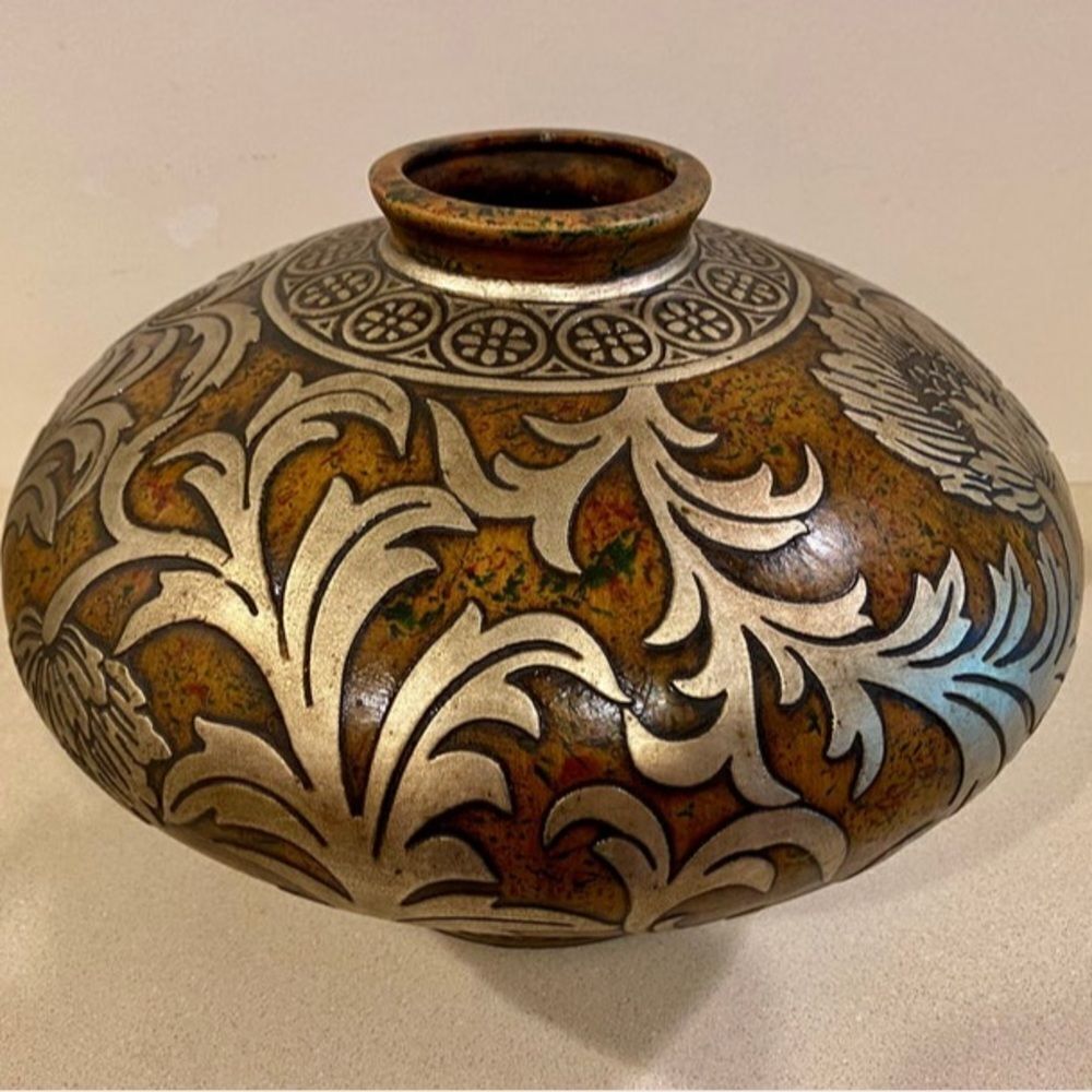 Antique Embellishment Pottery Large Vase 9.5” H 13.5” Approximately 10&15 Pounds